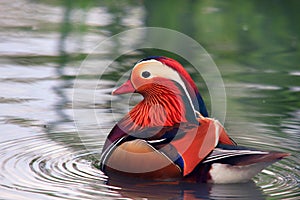 Colourful mandarin duck floating on a pond with ripples of water