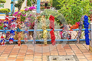 Colourful materials, Cao Dai Holy See Temple, Tay Ninh province, Vietnam