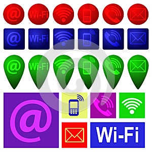 Colourful mobile, sms and e-mail icons of different shapes. Vector image.