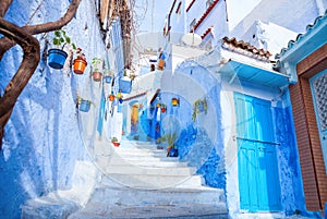Colourful narrow street  in the medina, Chefchaouen, Morocco