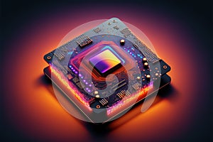 Colourful neon computer processor on black background, created using generative ai technology