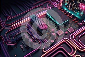 Colourful neon computer processor on black background, created using generative ai technology