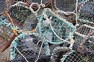 Colourful old lobster pots at the harbour in Aberystwyth