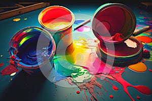 Colourful open spilling paint pots