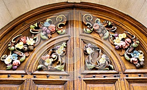 Colourful and Ornate Carvings on the Doors of Hertford College