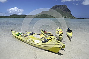 Colourful paddle boats in clear shallow water