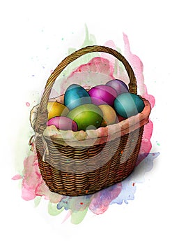 Colourful painted Easter eggs in a wicker basket, sketch