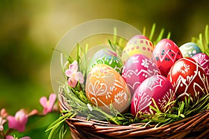 Colourful painted Easter eggs woven basket spring garden fun
