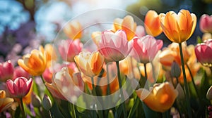 Colourful panoramic spring banner of fresh tulips