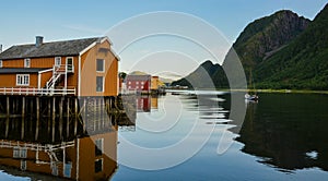 Colourful picturesque wooden houses in Sjogata, Mosjoen, Nordland, Northern Norway