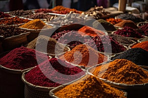 Colourful piles of spices on an Eastern market. Generative AI