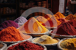 Colourful piles of spices on an Eastern market. Generative AI