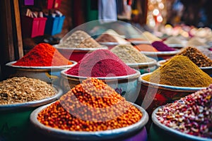 Colourful piles of spices on an Eastern market. Generative AI