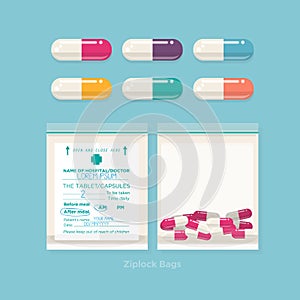 Colourful pills and ziplock bags. medicine -