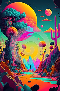 Colourful and psychedelic planet with mountain, man and tree, created using generative ai technology