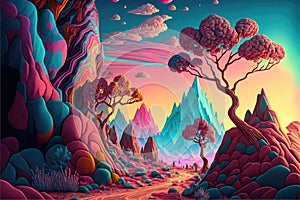 Colourful and psychedelic planet with mountains and trees, created using generative ai technology