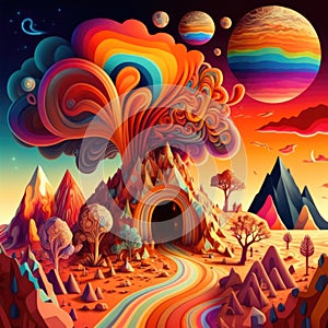 Colourful and psychedelic planets with mountains and trees, created using generative ai technology