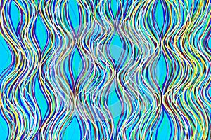 Colourful quiggly wavey lines on a blue background.
