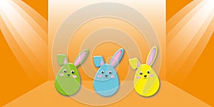 Colourful rabbits with spotlight on orange wall background. Holiday illustration for greeting card of Happy Easterâ€™s Day