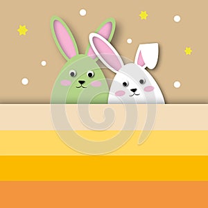 Colourful rabbits on yellow or orange background. Holiday illustration for greeting card of Happy Easterâ€™s Day.