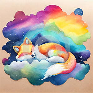 Colourful rainbow baby red fox sleeping on a cloud watercolour