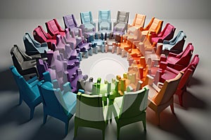 colourful rainbow chairs in seminar arranged in a circle. Generator AI