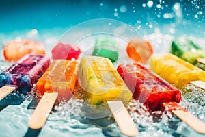 Colourful rainbow fruit ice pops. Tasty refreshing popsicles on hot day. Generative AI