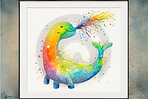 Colourful rainbow Nessie the Loch Ness Monster watercolor painting animal animals