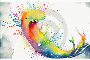 Colourful rainbow Nessie the Loch Ness Monster watercolor painting animal animals