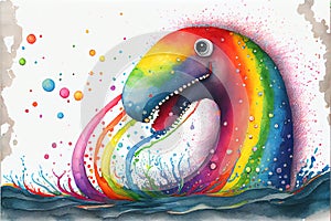 Colourful rainbow Nessie the Loch Ness Monster watercolor painting animal animals