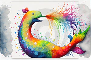 Colourful rainbow Nessie the Loch Ness Monster watercolor painting animal animals