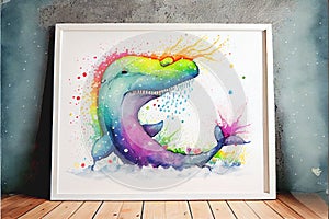 Colourful rainbow Nessie the Loch Ness Monster watercolor painting animal animals