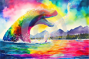 Colourful rainbow Nessie the Loch Ness Monster watercolor painting animal animals