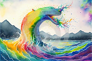 Colourful rainbow Nessie the Loch Ness Monster watercolor painting animal animals