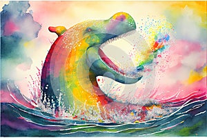 Colourful rainbow Nessie the Loch Ness Monster watercolor painting animal animals