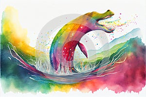 Colourful rainbow Nessie the Loch Ness Monster watercolor painting animal animals