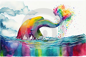 Colourful rainbow Nessie the Loch Ness Monster watercolor painting animal animals