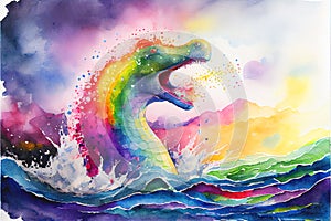 Colourful rainbow Nessie the Loch Ness Monster watercolor painting animal animals