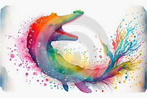 Colourful rainbow Nessie the Loch Ness Monster watercolor painting animal animals