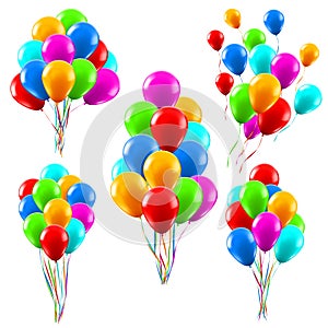 Colourful realistic balloons. Glossy green, red and blue helium balloons bunches, birthday party celebration decorations