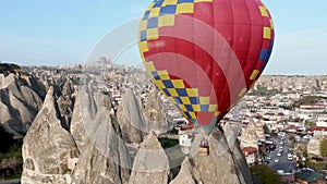 Colourful Red Blue Yellow Colours Hot Air Baloons Aerial Drone Flight. The great tourist attraction of Cappadocia