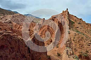 Colourful red rock formations of Skazka canyon,Issyk Kul, Kyrgyzstan