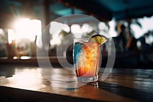 Colourful refreshing cocktail on the wooden table served in beach bar on summer day. Generative AI