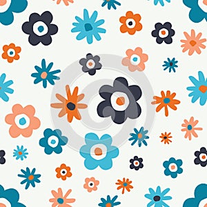 Colourful Retro Graphic Scattered Daisies Blooms on White Background Vector Seamless Pattern