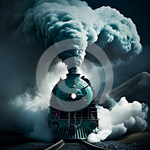 Colourful Retro Steam Train Thunders down a deserted track Generative AI Illustration