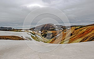 Colourful rhyolite mountains under snow, Laugavegur hiking trail, Fjallabak Nature Reserve, Highlands of Iceland, Europe