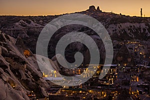 Colourful rock formations at night. Fairy Chimney or Multihead stone mushrooms. Phallic rock in Cappadocia, turkey. photo