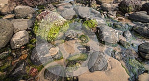 Colourful rocks at Devgad Beach during sunset,Sindhudurga,Maharashtra,India