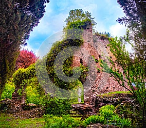 Colourful ruins in Giardino della Ninfa gardens in Latina - Lazio - Italy photo