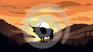 Colourful scottish highland cow grazing in the mountains with the sun setting Generative AI Illustration